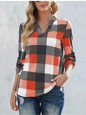 Vneck plaid button rolled sleeves Tshirt material plaid top. Sz med